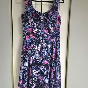 Connected Apparel Navy Floral Midi Dress with Pink & Blue Flowers Size 10P.